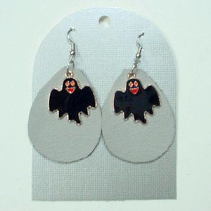 CUTE HALLOWEEN GHOST EARRINGS REAL LEATHER BLACK ENAMEL CHARMS